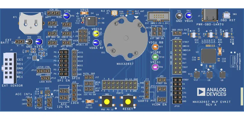 A picture of the MAX32657EVKIT board