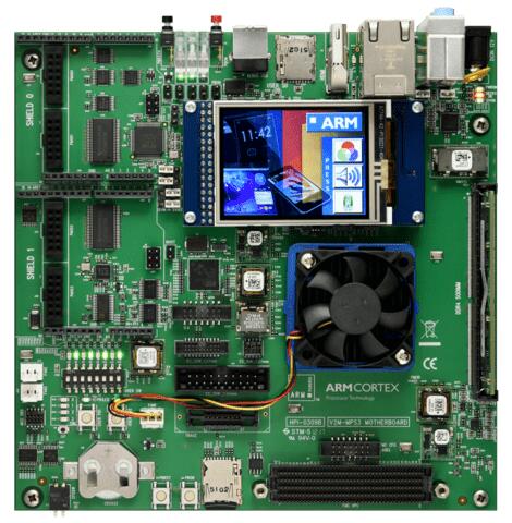 A picture of the MPS3 FPGA/Corstone FVP board