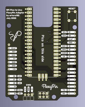 A picture of the Raspberry Pi Pico to UNO FlexyPin Adapter shield